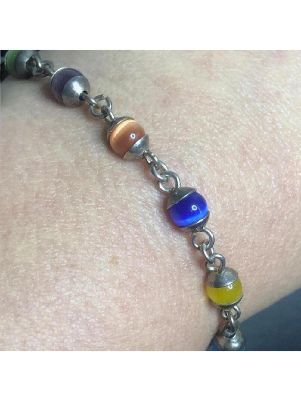 8701 VIntage Patina Sterling 925 Cat's eye Toggle Bracelet 8" Heart charm 14.6g